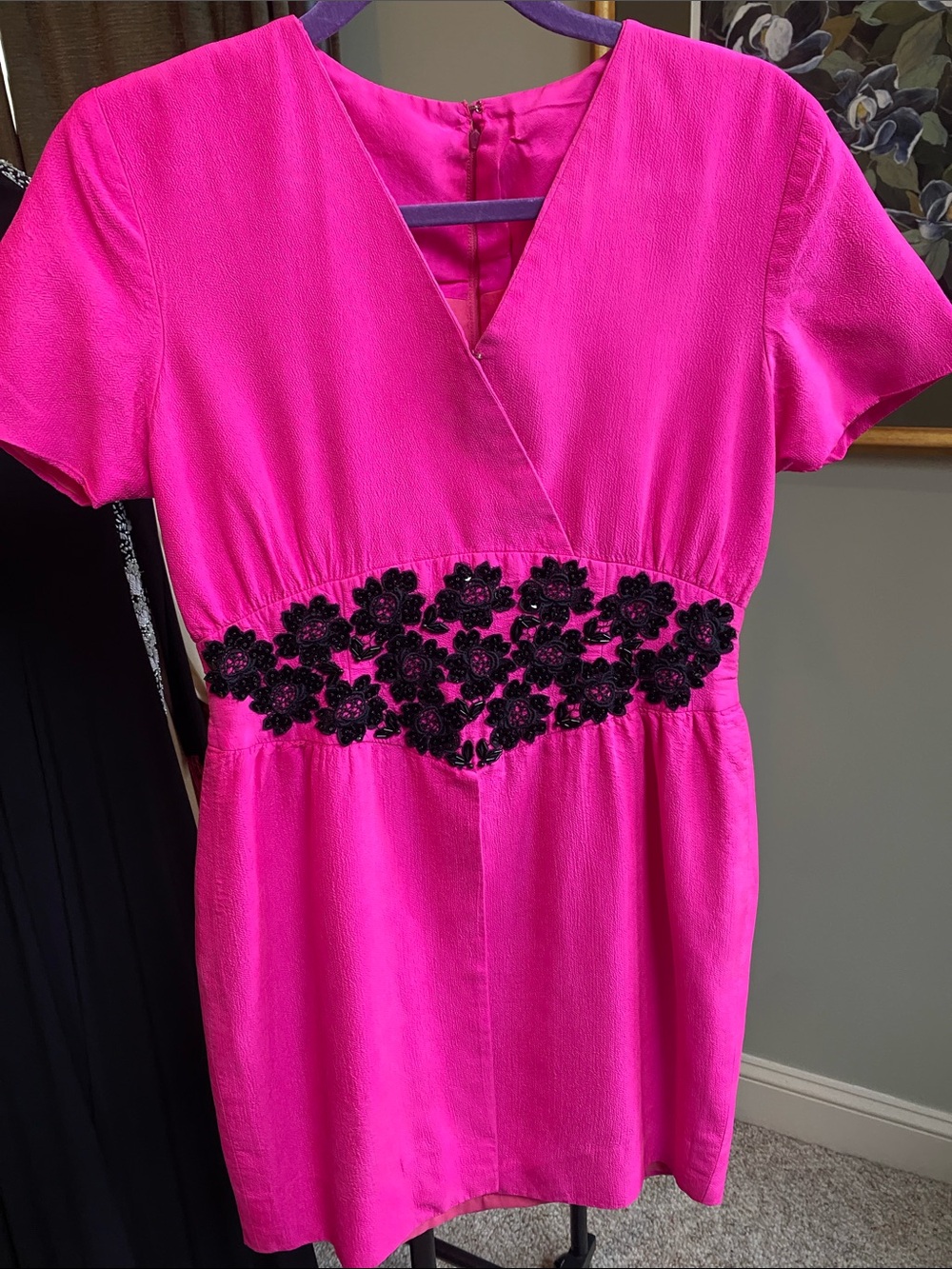 Vintage Hot Pink Short Sleeve shirt with Black Floral Waist Applique